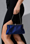 Cobalt Blue Satin Metallic Chain Strap Women's Portfolio Hand and Shoulder Bag - 6