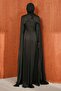 Black Satin Evening Dress with Shoulder Cape - 5