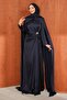 Navy Blue Satin Evening Dress with Shoulder Cape - 3