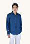 Men's Slim Fit Textured Long Sleeve Linen Blue Shirt