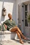 Khaki Shirt Collar Buttoned 3/4 Sleeve Casual Muslin Oversize Woven Blouse 67 65 - 5