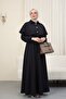 Collared Cape Detailed Belted Elastic Sleeves Crepe Dress Black