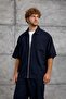 Men's Shirt Woven Fabric with Zipper Navy Blue Oversize Zippered Tencel Fabric - 3