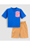 100% Cotton Drop Shoulder Oversized Front & Back Printed T-Shirt & Cargo Shorts Set - Blue & Beige - 2