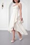 Women's Ecru Degaje Collar Strap Midi Satin Evening Dress - 4