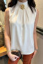 Women's White Drape Collar Gold Accessory Detailed Sleeveless Satin Blouse Sun291 - 2