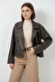 Women's Classic Collar Belted Double Button Brown Jacket - 2