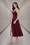 Women's Slit Detail Double Breasted Collar Strap Pleated Flounce Midi Length Evening Dress - 5