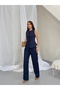 Women's Navy Blue Vest and Trousers Double Linen Set - 2