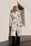 Women's White Double-Breasted Collar Patterned Belted Waist Pocketed Long Trench Coat Arm-26Y001105