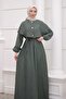Khaki Elastic Sleeve Cape Dress - 3