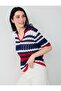 Navy Blue Cotton Blend Polo Collar Knitwear Blouse - 3