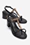 Serona Black Genuine Leather Buckle Women's Thick Heeled Sandals