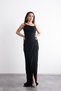 Long, Stylish Evening Dress with Shoulder and Waist Accessories, Draping, Crepe Fabric, and Slits.
