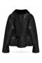 Black Horizontal Trim Shiny Genuine Leather and Fur Women's Coat - 4