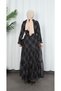 Patterned Belted Chiffon Ruffle Collar Dress Black Hnt7354 - 6