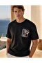 Ethnic Kilim Detailed Horse and Forest Printed Oversize Black Unisex T-Shirt - 4