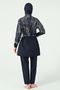 Fringed Trim Decorated Patterned Zippered Long Sleeve Full Covered Hijab Swimsuit 25267-26 Navy Blue - 8