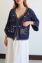 Women's Navy Blue Ethnic Embroidery Detailed Pocket Buttoned Summer Bohemian Muslin Shirt Kimono