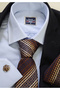Blue Double Cuff Slim Fit Shirt with Brown Tie, Cufflinks, and Handkerchief in a 4-Piece Gift Box Set - 2