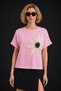 Pink Cotton Crew Neck Comfortable Fit Daisy Embroidered T-Shirt - 3