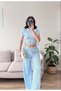 Women's Blue Crew Neck Blouse with Drawstring Detail & Wide Leg Pants with Ruffle Detail Gagari Set - 4