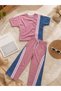 Girl's 100% Cotton Powder Color Short Sleeve Denim Patched Sweatshirt & Wide Leg Denim Patched Pants Set Summer Special Day Set - 3