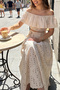 Off-Shoulder Madonna Collar Scallop Brode Gipe Fabric Rope Belted Romantic Summer Vacation Women's Suit Set