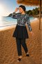 Patterned Top, Ruffled Waist, Zipper Detail, Three-Piece Swimsuit Set, Black-Grey - 3