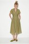 Women's Oil Green V-Neck Back Elastic Pocket Detailed Lined Midi Dress 5208 60286307 - 2