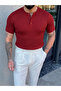 100% Cotton Vertical Striped High Collar Relaxed Knitwear Tshirt Claret Red - 2