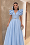 Taffeta Fabric Shoulder Ruffle Midi Dress - Baby Blue - 8