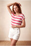 Women's Regular Fit Crew Neck Short Sleeve Ecru / Fuchsia Striped Viscose / Elastane T-Shirt Wilda - 3