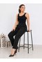 Women's Stretchy Crepe Fabric Double Leg Black Trousers with Elastic Waist - 3