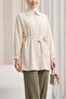Stoned Buttoned Bow Baby Collar Imported Crepe Tunic -Beige - 4