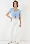 Women's V-Neck Crop Short Sleeve Viscose Blue Blouse - 5