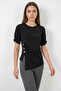 Women's Round Neck Button Detailed Gathered Sleeve Black Blouse - 4