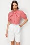 4900 Women's Gingham Patterned Scarf Collar Balloon Sleeve Shirt Red - 4