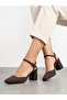 Women's Brown Satin Single Strap Square Toe Thick Heeled Shoes - 3