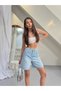 Women's Stoned Jean Bermuda Shorts High Waist Denim Shorts Medium Blue with Crystal Stone Detail