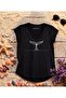 Whale Tail Printed Black V-Neck Flared Cotton T-Shirt