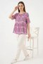 Women's Round Neck Lace-Up Short Sleeve Patterned Viscose Fuchsia Blouse - 3