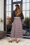 Women's Burgundy Black Plaid Patterned High Waist Midi Skirt with Pockets - - 6