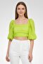 Women Square Neck Puffer Sleeve Plain Crop Top, Green