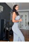 Navy Blue Striped Long Dress with Straps - 5