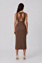 High Collar Waist Drawstring Detailed Midi Backless Tie-Up Dress - 4
