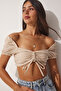 Linen Blend Gathered Crop Blouse Lbv0070 Beige
