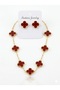 2 PCS Jewelry Set – Necklace & Stud Earrings , Red color four leaf, Imitate gold chain.