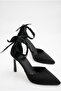 Women's Stoned Bow Detailed Ankle Strap Stiletto Pointed Toe Thin Heeled Black Satin Evening Dress Shoes - 8