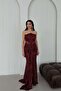Burgundy Strapless Waist Detailed Sequined Evening Dress